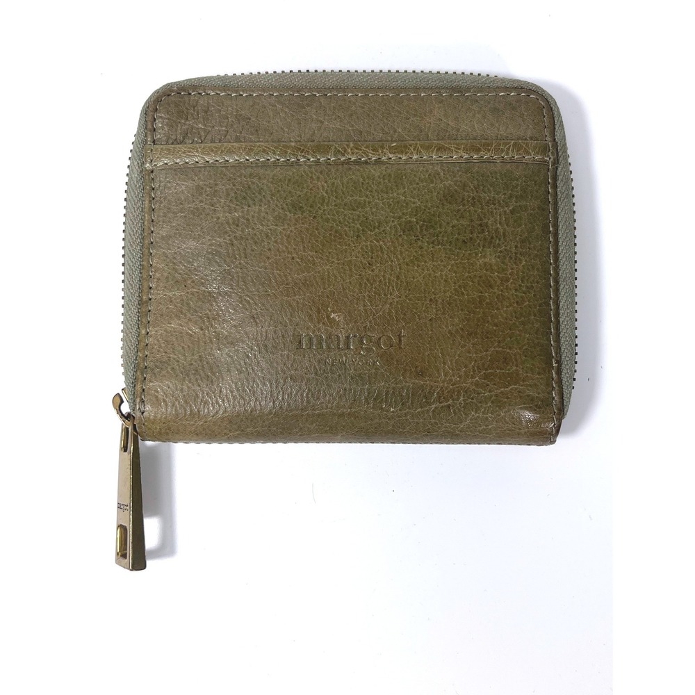 Margot New York Olive Green Leather Wallet Zip Around Billfold